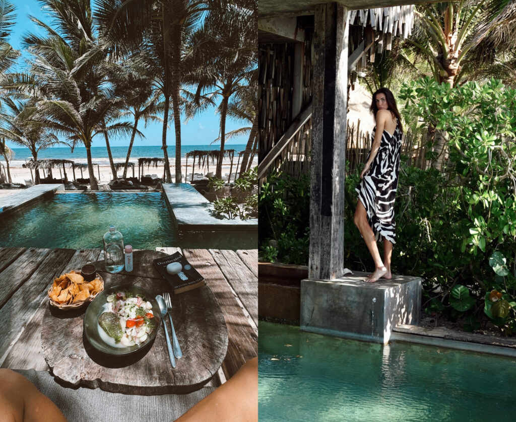 A split-screen image for an Adventure Escape to Tulum and Holbox, showing a tropical lunch of ceviche and chips by a private pool on the left, and Misha in a zebra-print dress at a rustic luxury villa on the right.