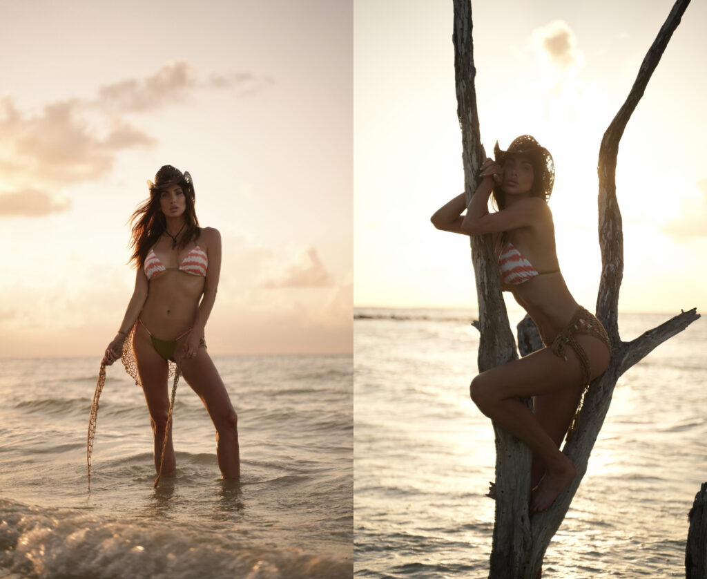 Golden-hour beach portrait for a Tulum and Holbox Guide, featuring Misha Skova in a striped bikini and straw cowboy hat posing against a soft sunset sky and calm ocean waves—evoking the relaxed, sun-drenched aesthetic of a Mexican Caribbean getaway.