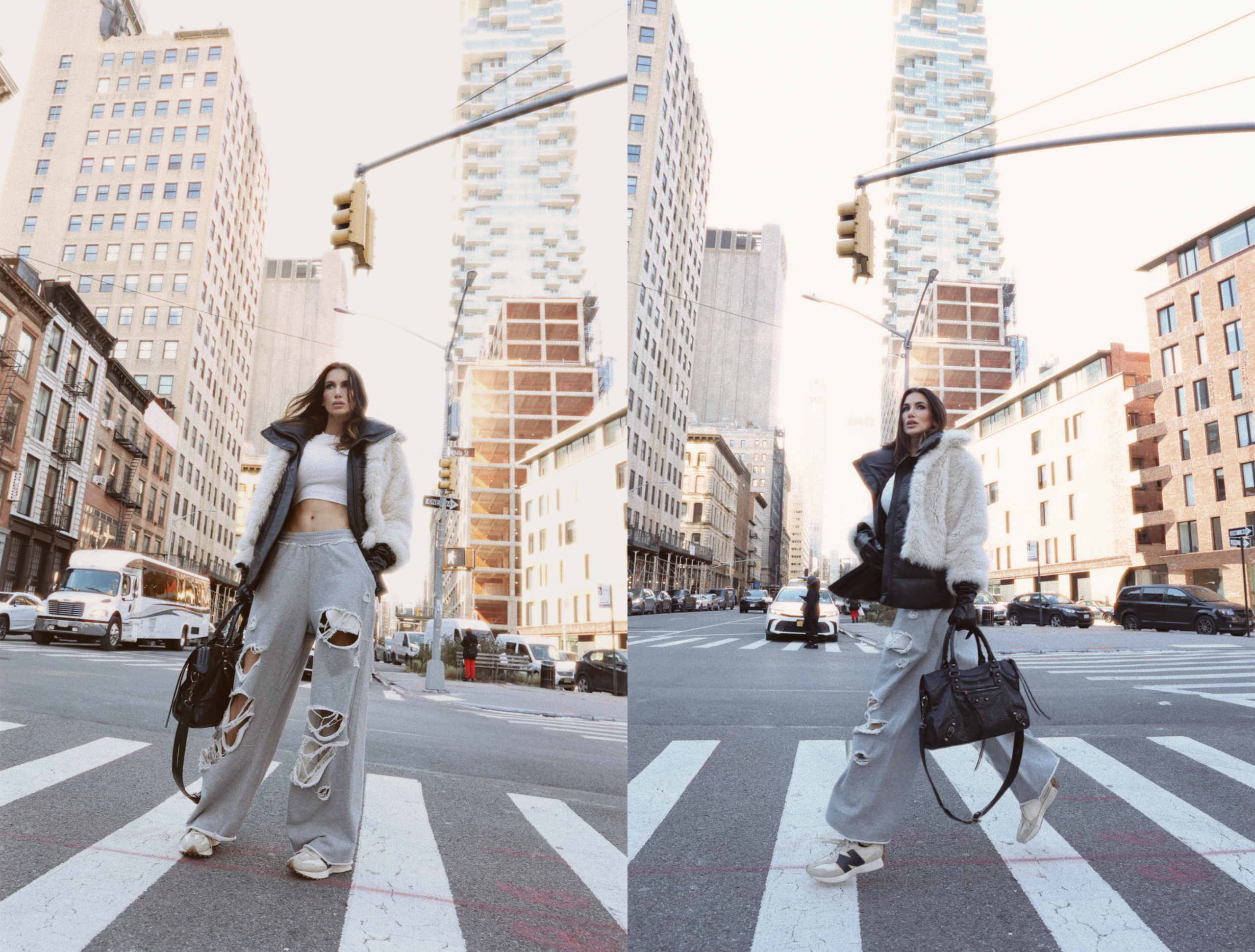 Misha Skova modeling winter fashion trends 2025-2026 in an urban street setting, featuring an oversized distressed leather bomber jacket over a cozy grey hoodie and wide-leg trousers.