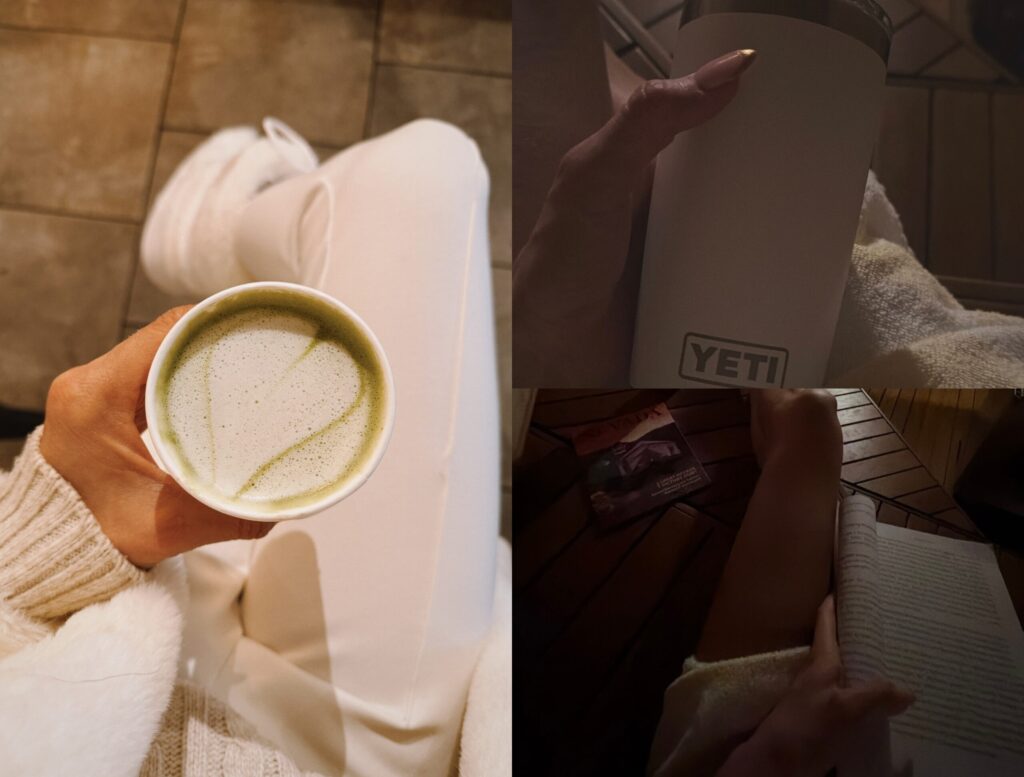A collage of three images: a Misha Skova in white clothes holding a matcha latte, a hand holding a white Yeti tumbler, and reading a book in warm, dim lighting.