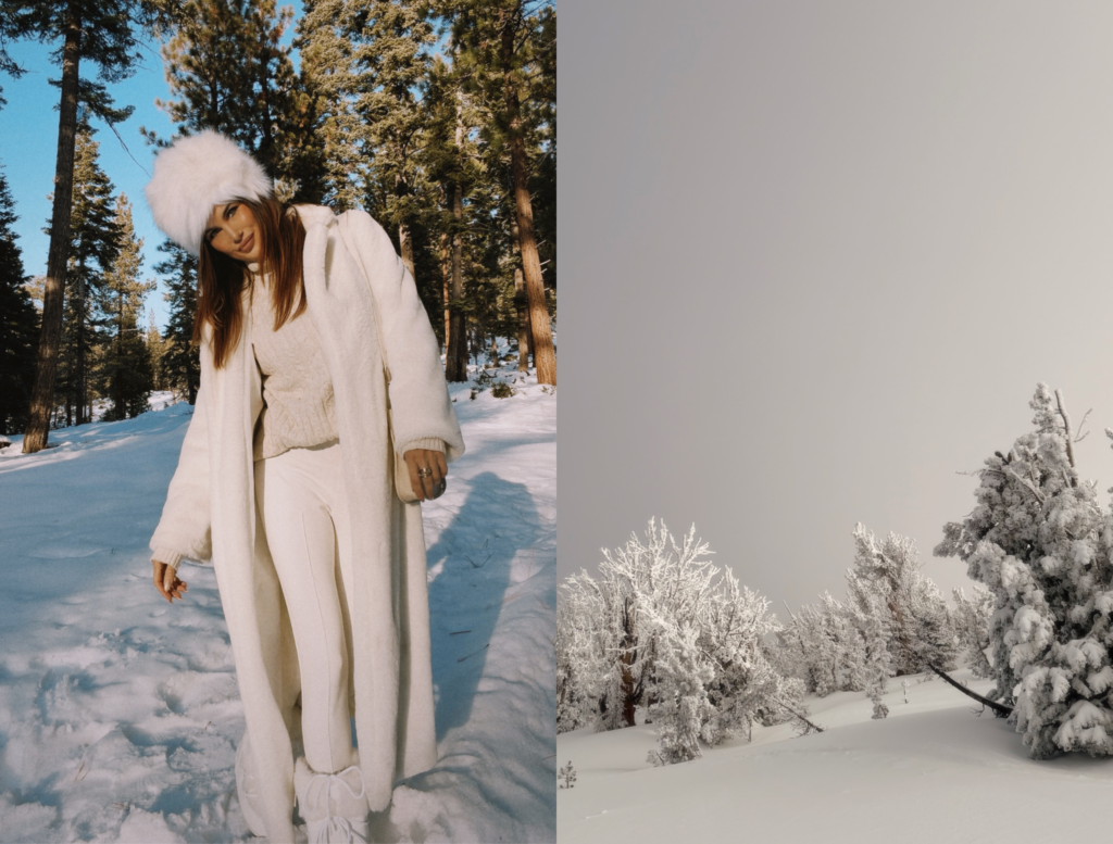 Split image: On the left, Misha in a white coat, hat, and boots stands in a snowy forest; on the right, frosty trees stand under a pale sky in a snow-covered Lake Tahoe landscape.