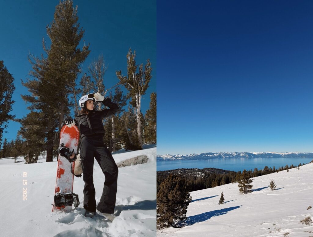 Left: Misha Skova in black snow gear and helmet stands in the snow with a snowboard, surrounded by trees. Right: Snow-covered Lake Tahoe landscape with trees overlooking a large, calm lake under a clear blue sky.