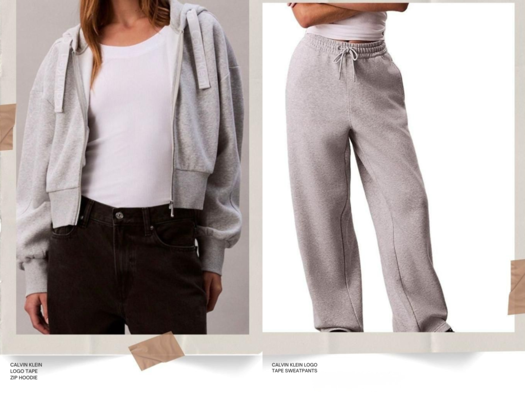 Side-by-side images: Left, a person wears a light gray zip-up hoodie over a white shirt and black pants. Right, a person wears loose light gray sweatpants with a drawstring and a white top.
