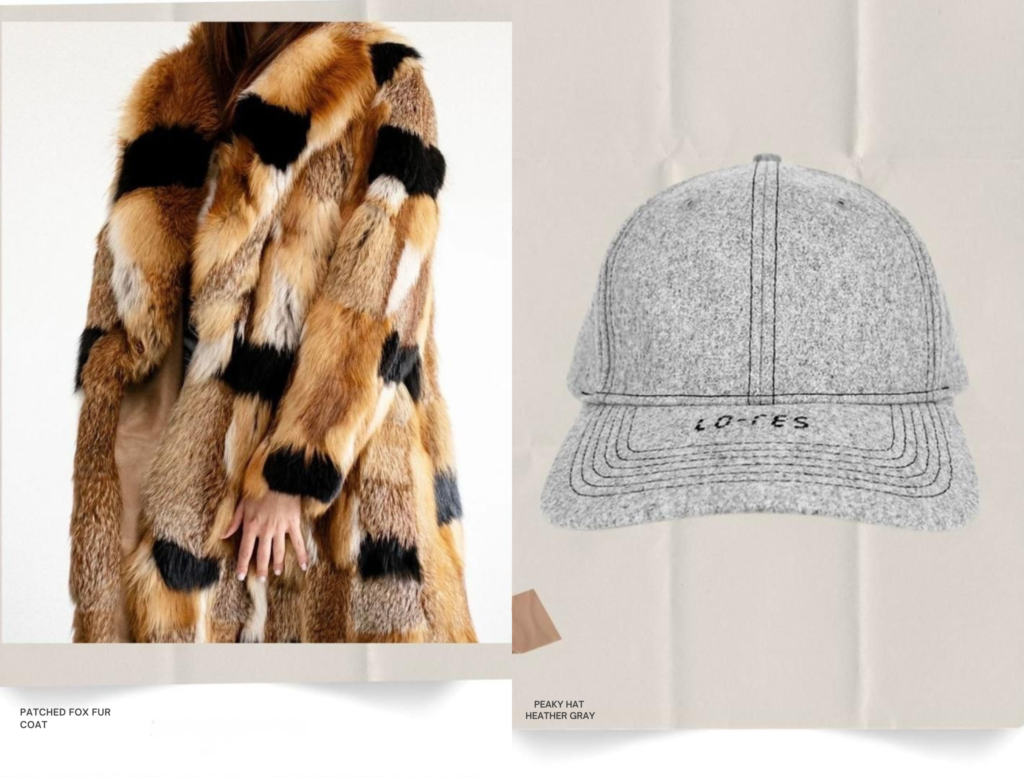 A model wears a luxurious patched fox fur coat with rich brown, black, and white tones on the left. On the right, a heather gray cap with visible stitching and "LO-RES" embroidered on the front is displayed against a neutral background.