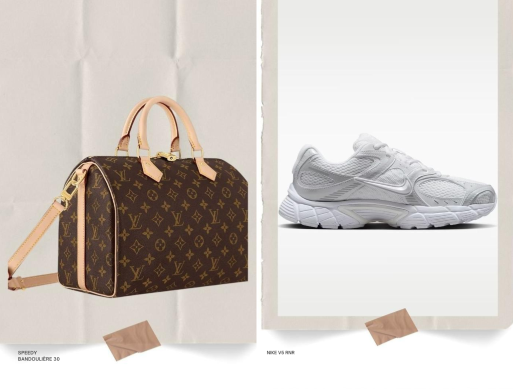 A brown Louis Vuitton Speedy Bandoulière 30 handbag with tan leather handles is shown on the left, and a white Nike Y2K RNN sneaker is displayed on the right, both on neutral backgrounds.