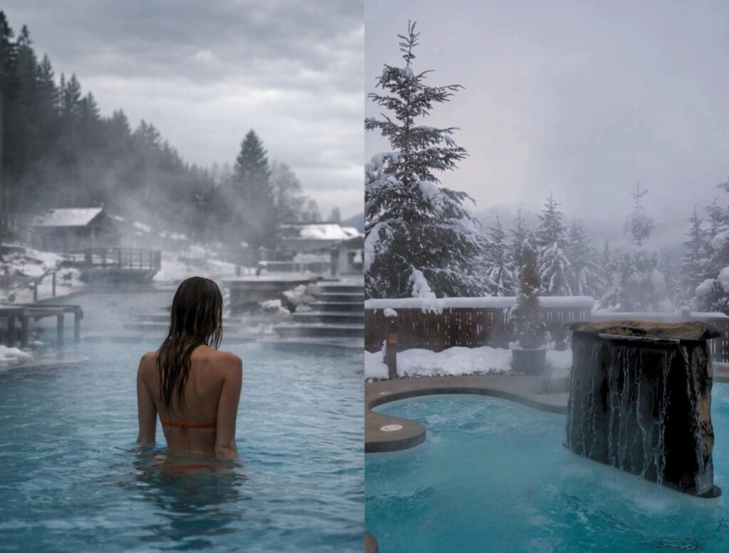 Misha stands in a steaming outdoor pool surrounded by trees and mountains; the scene is split with a snowy, misty hot spring on the right featuring a waterfall and snow-covered trees.