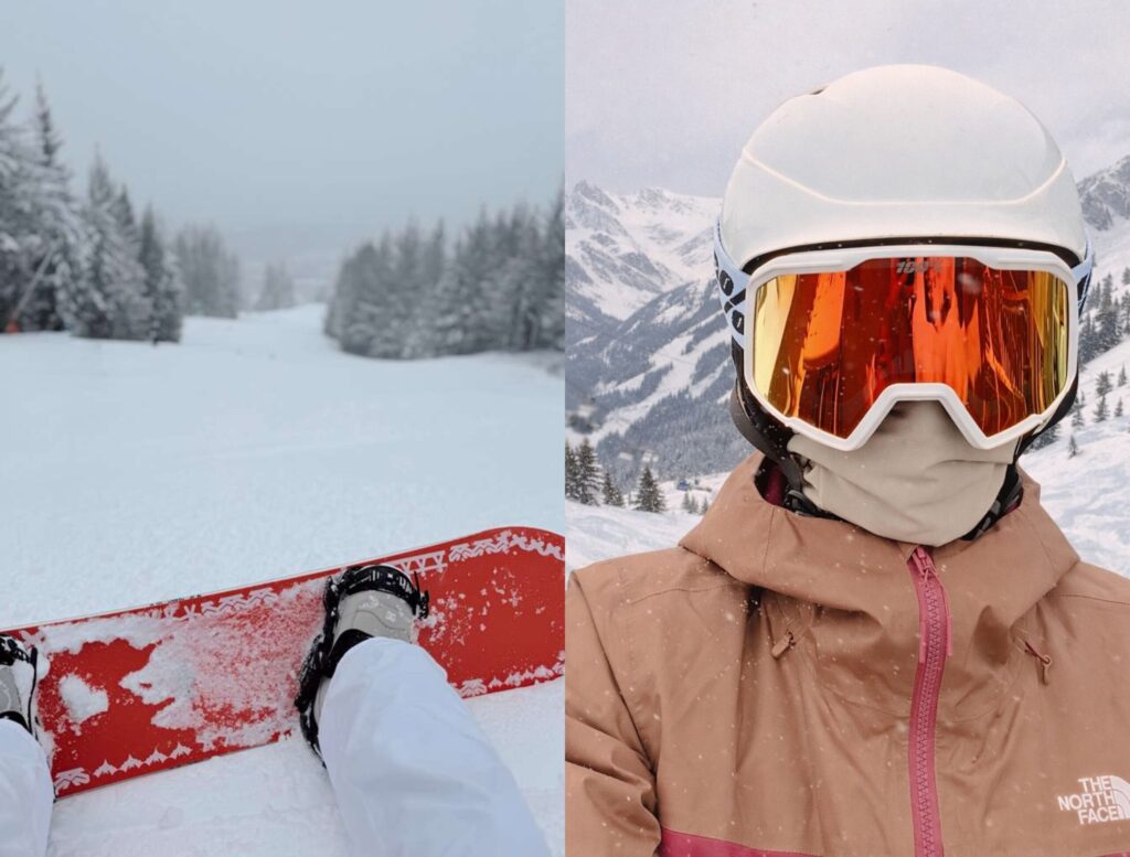 Split image: Left side shows a snowboarders legs and red snowboard on a snowy slope lined with trees. Right side shows Misha in ski gear—helmet, goggles, and jacket—posing with snowy mountains in the background.