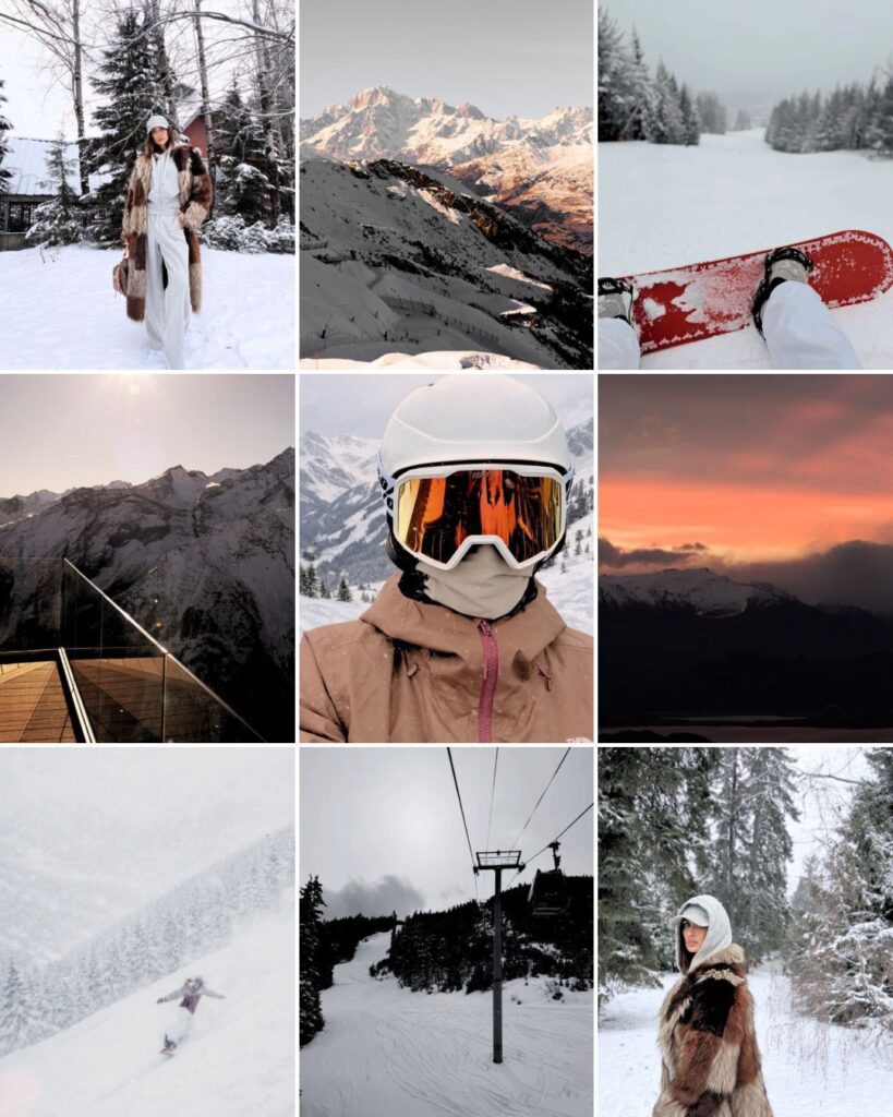 A collage of nine winter scenes, including snowy mountains, a skier, a person in ski gear, a snowboard, a sunset, ski lifts, and a woman wearing fur-lined clothing in a forested snowy landscape.