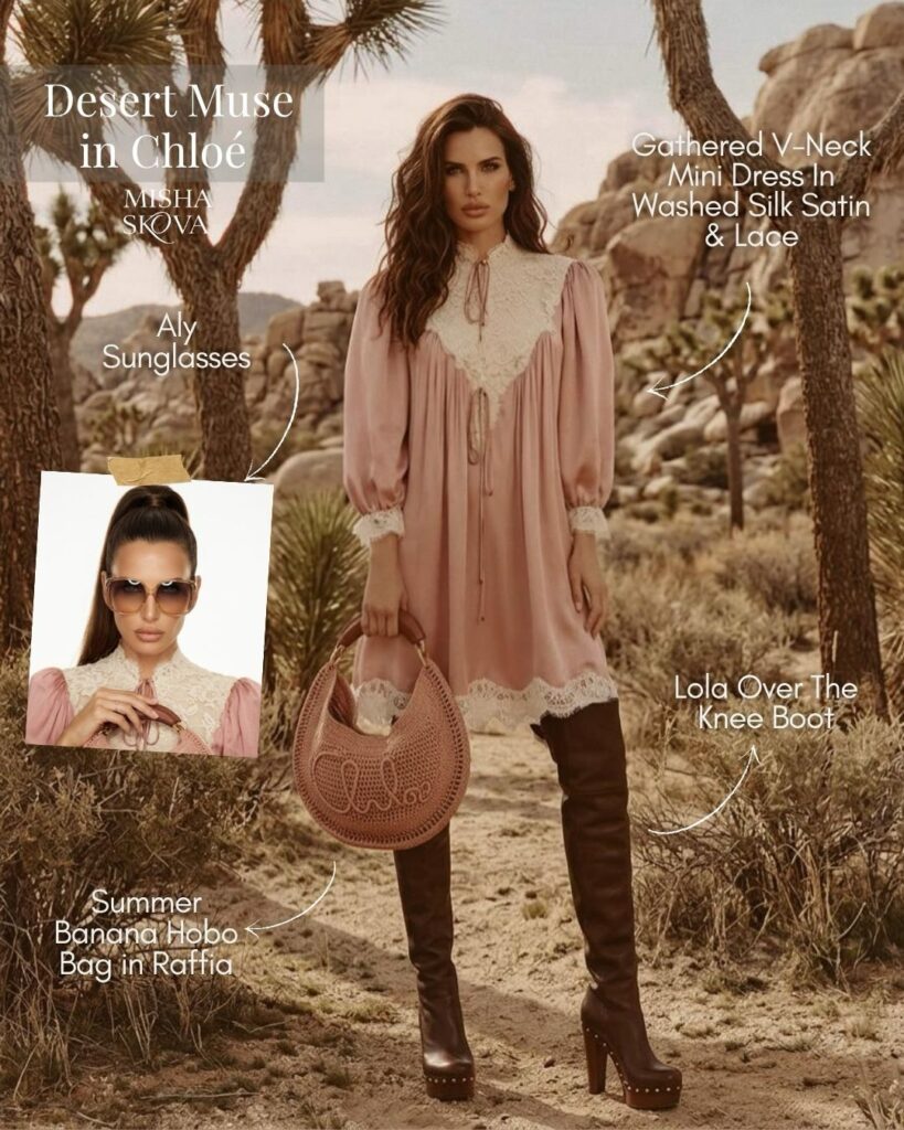 A woman stands in a desert landscape wearing a pink silk satin dress with lace details, knee-high brown boots, sunglasses, and holding a round textured hobo bag. Text highlights her outfit and accessories.