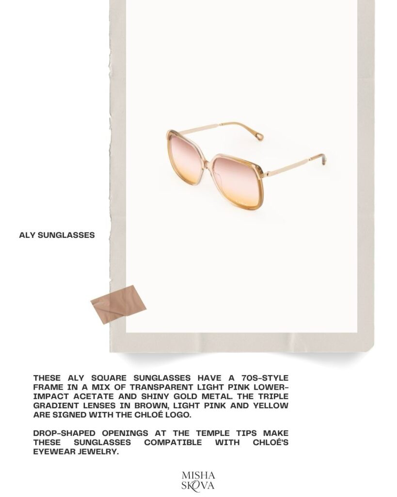 A pair of 70s-style Aly sunglasses with transparent light pink frames and gradient brown, pink, and yellow lenses is displayed. Text below describes features and compatibility with Chloe’s eyewear jewelry.