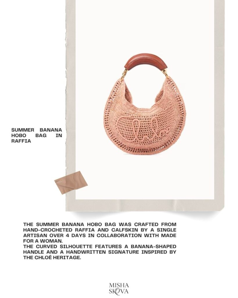 A pink hand-crocheted raffia hobo bag with a curved silhouette, banana-shaped handle, and Chloe signature. Descriptive text appears about the bag’s artisan craftsmanship and design details.
