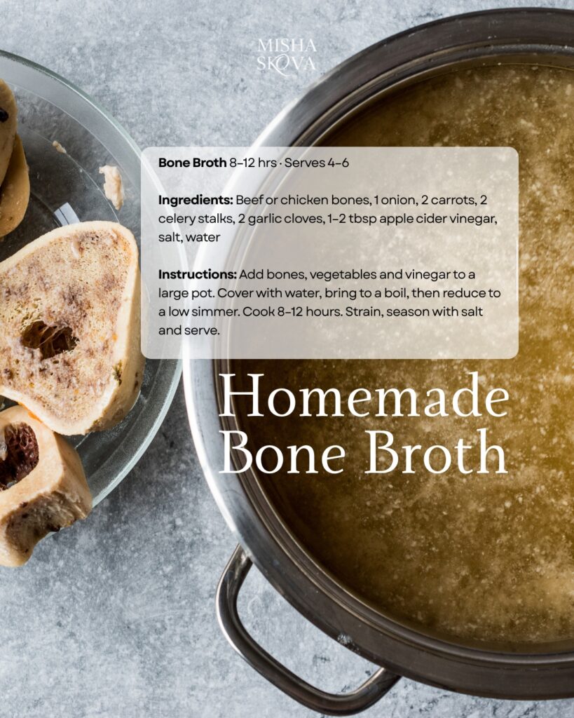 Homemade bone broth soup with chicken, ginger and vegetables