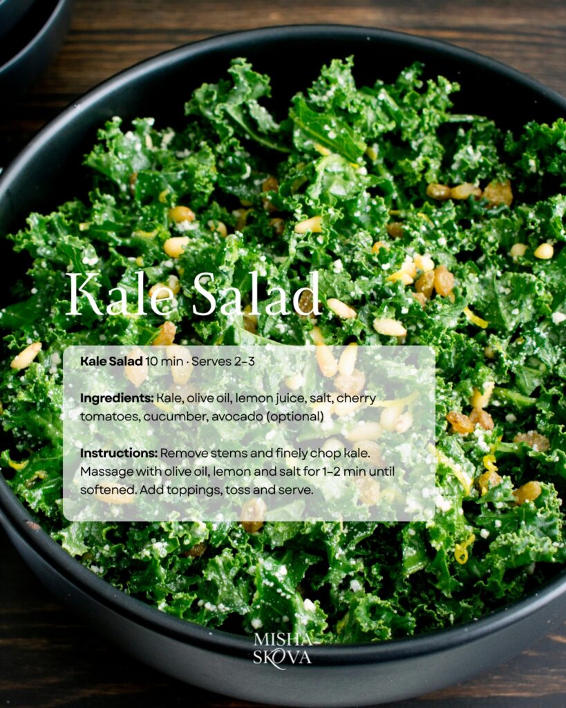 Kale beauty salad with avocado, blueberries and pumpkin seeds