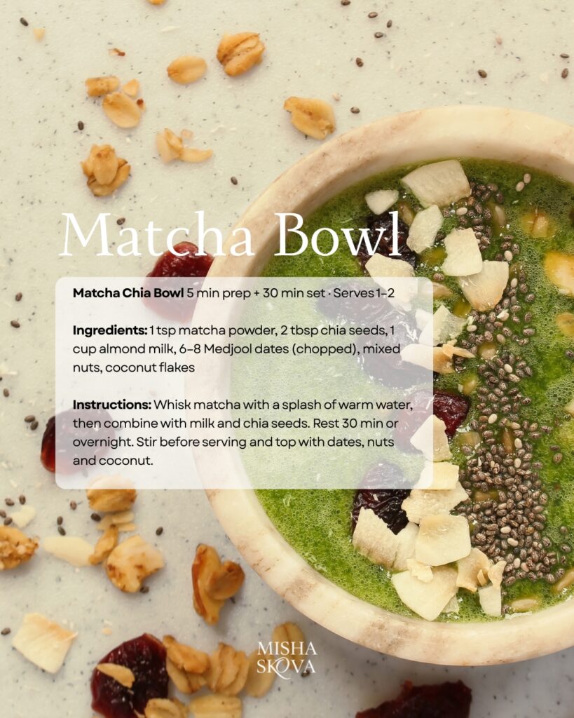 Matcha bowl with Greek yogurt, berries, chia seeds and walnuts