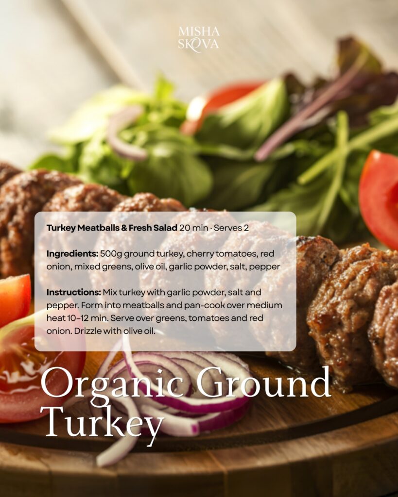 Organic ground turkey chili with black beans and vegetables