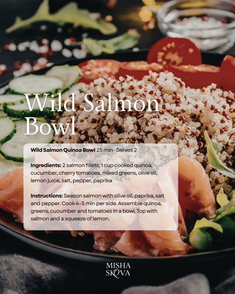 Wild salmon bowl recipe with avocado, arugula and roasted sweet potato