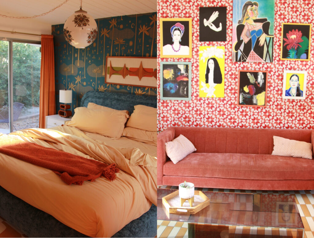 Colorful Palm Springs bedroom and living room with retro interior details