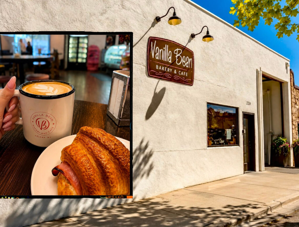 Coffee and pastry served at a local Montana café and exterior of a small café beneath a sunny blue sky