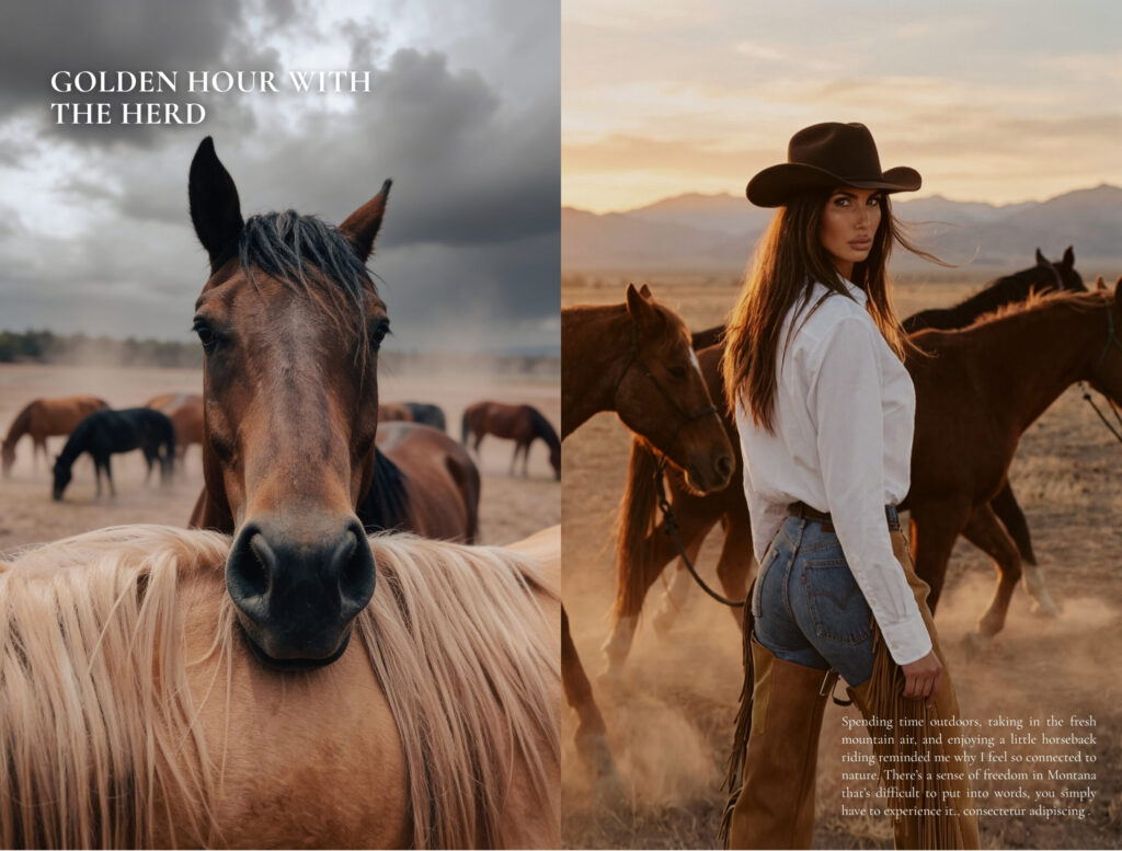Close-up portrait of a horse on a Montana ranch and a woman in a cowboy hat walking among horses at sunset