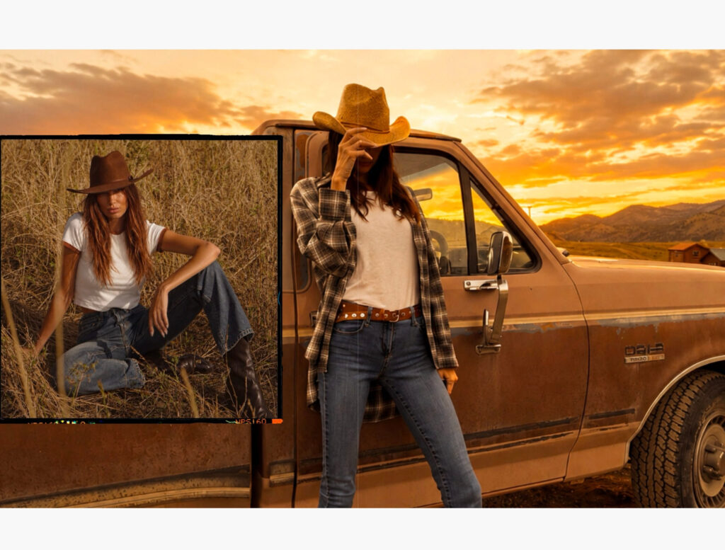Woman posing beside a vintage truck at sunset