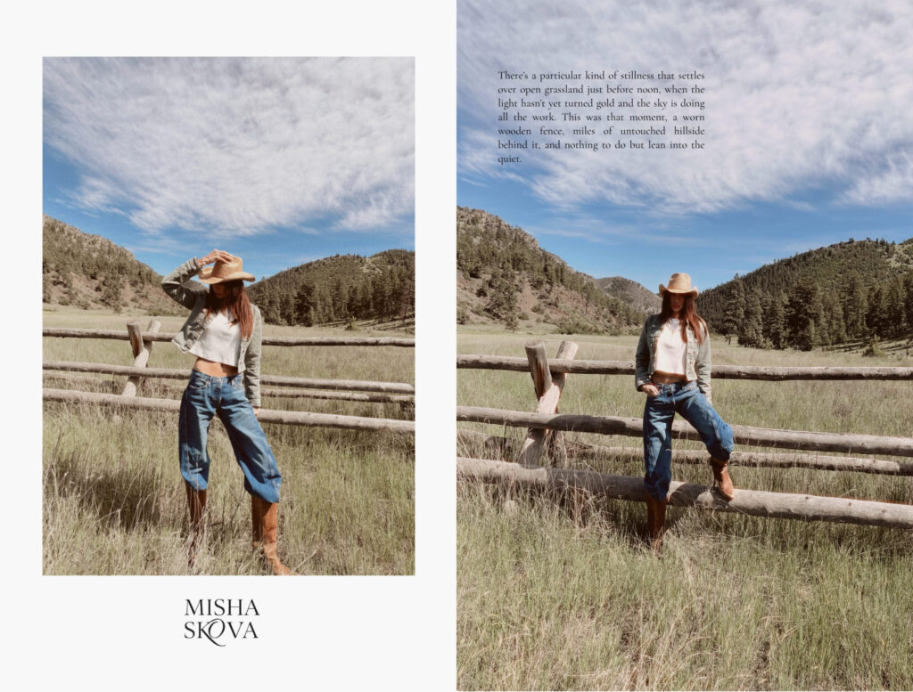 Woman posing beside a wooden fence in the Montana countryside