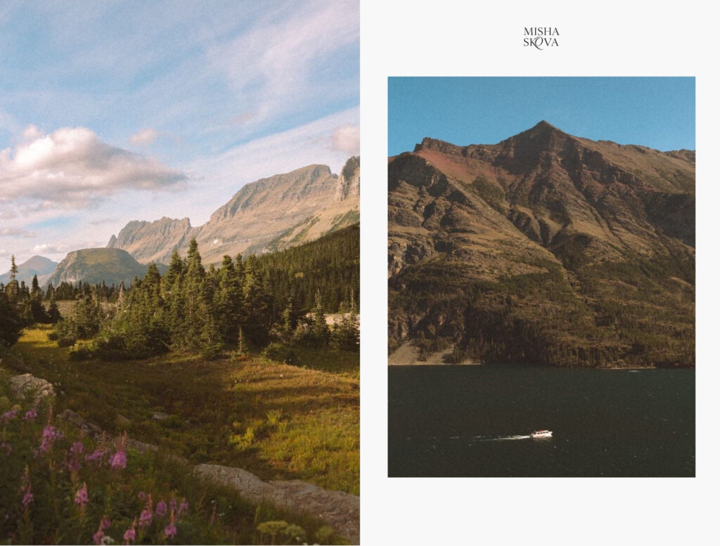Wildflowers growing beside a mountain trail in Montana and a quiet alpine lake surrounded by steep mountain peaks