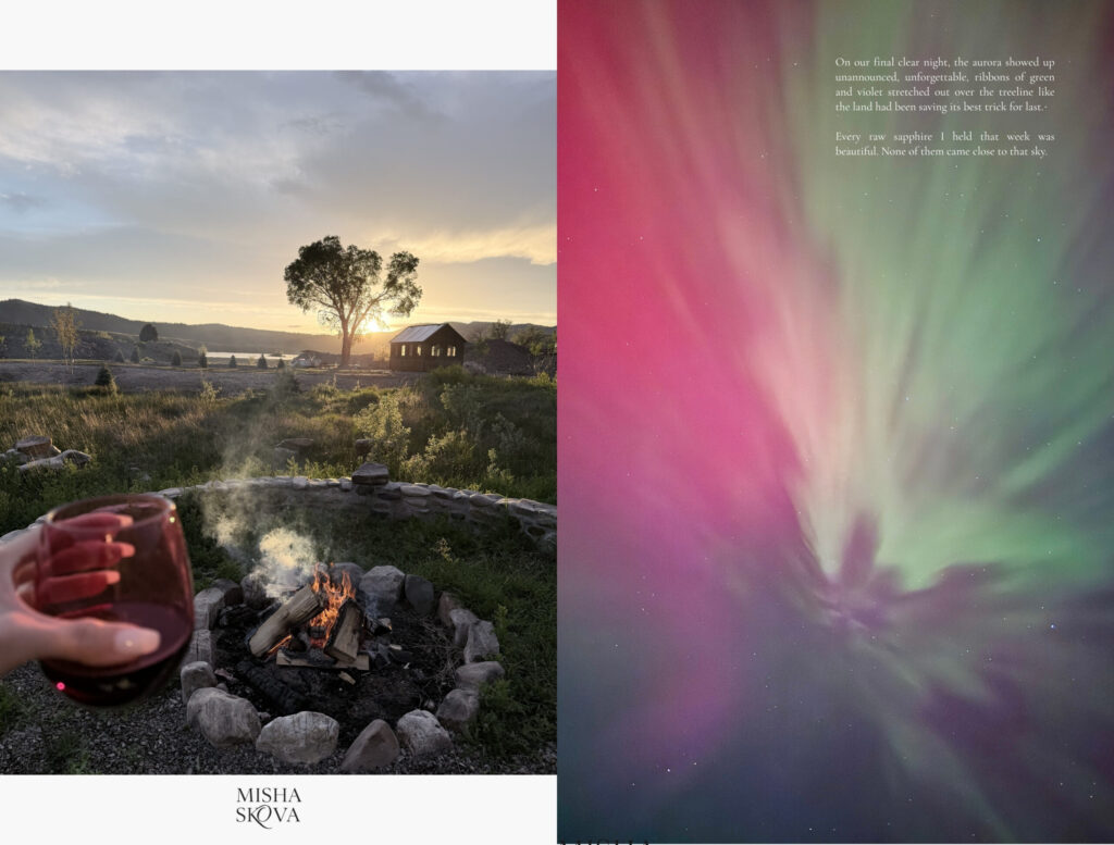 Campfire overlooking a Montana landscape at sunset and northern lights glowing pink and green over Montana
