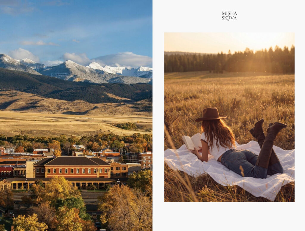 Mountain town surrounded by hills and open countryside and a woman relaxing in a grassy field during golden hour