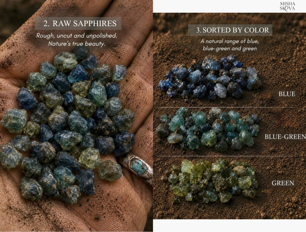 Rough Montana sapphires sorted into groups on a surface