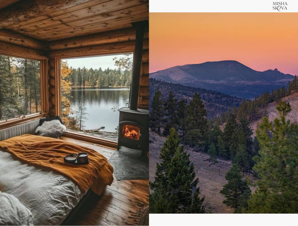 Rustic cabin interior overlooking a mountain lake and a purple sunset over forested mountains in Montana
