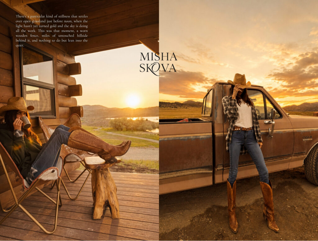 Woman relaxing on a ranch porch at sunset and a woman posing beside a vintage truck on a Montana ranch
