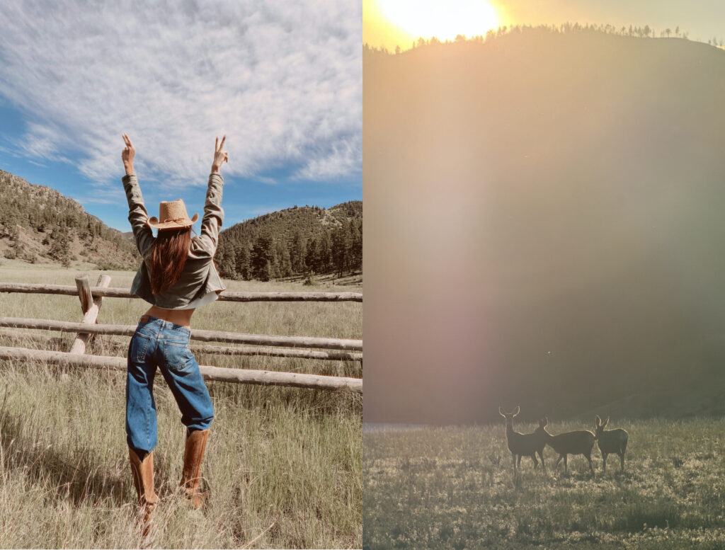 Woman raising her arms in a wide Montana field and a misty mountain landscape viewed from a ranch in Montana