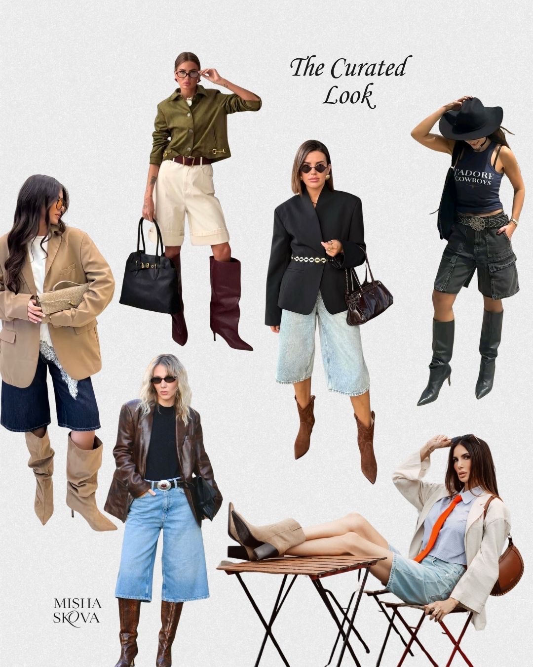 Moodboard titled "The Curated Look" collaging several outfits featuring blazers, bermuda shorts, and knee-high boots for style inspiration
