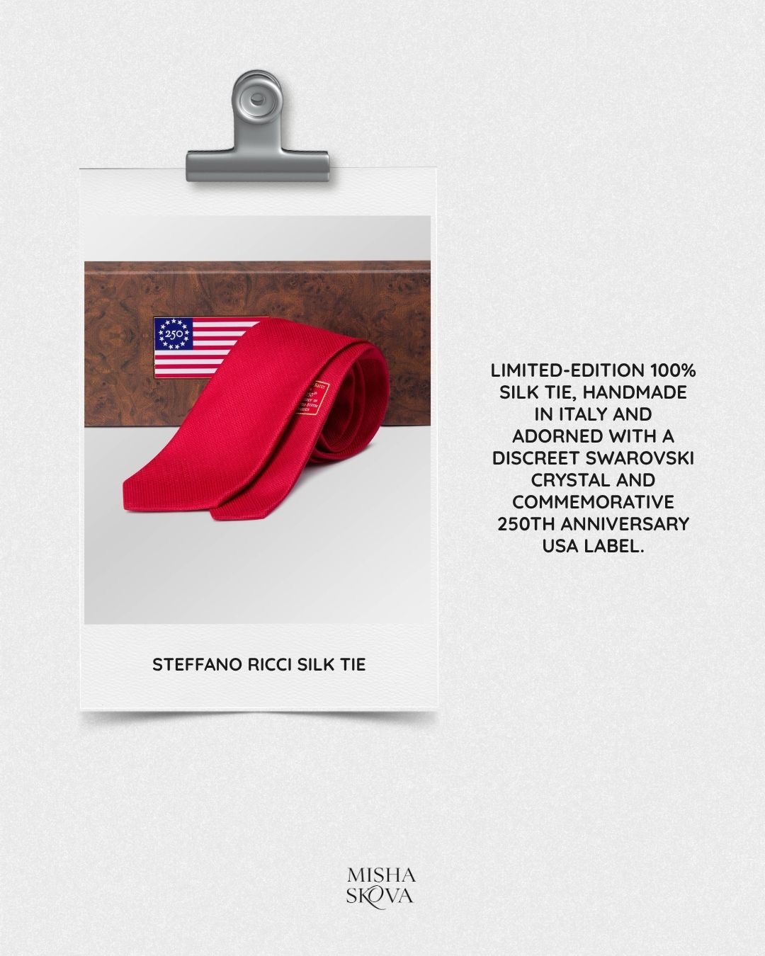 Steffano Ricci red silk tie with commemorative 250th anniversary USA label, product flat lay