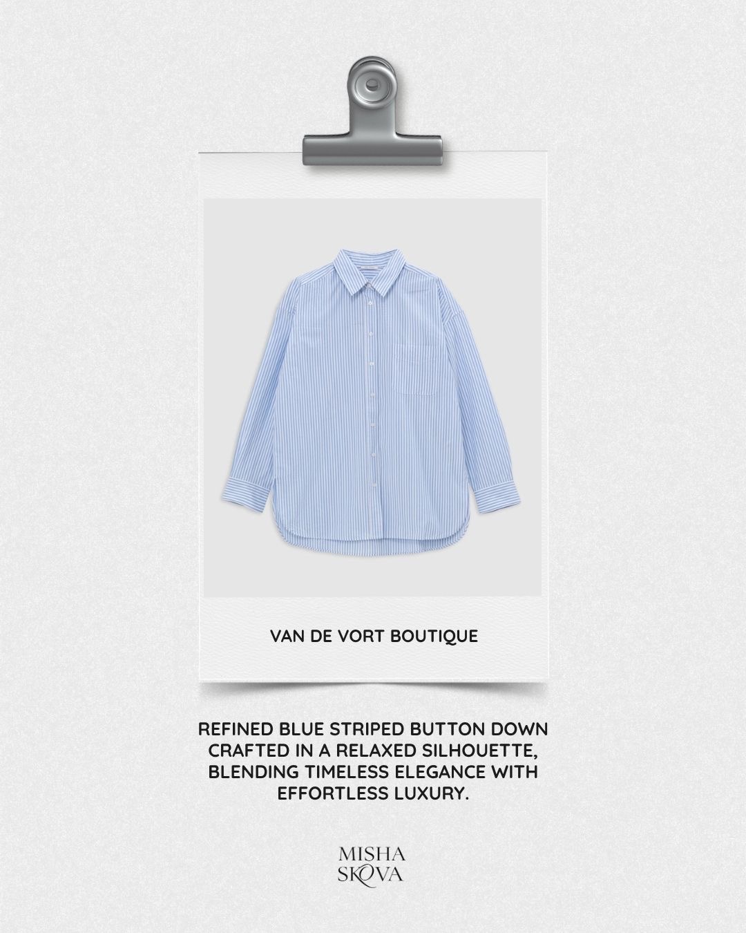 Van De Vort Boutique blue and white striped button-down shirt, product flat lay