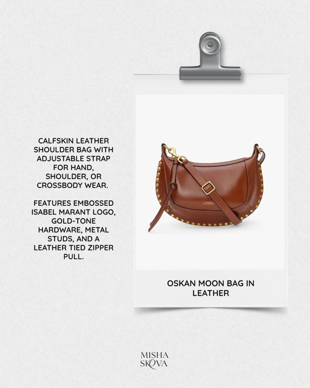 Isabel Marant Oskan Moon Bag in cognac leather with gold hardware and stud detailing, product flat lay