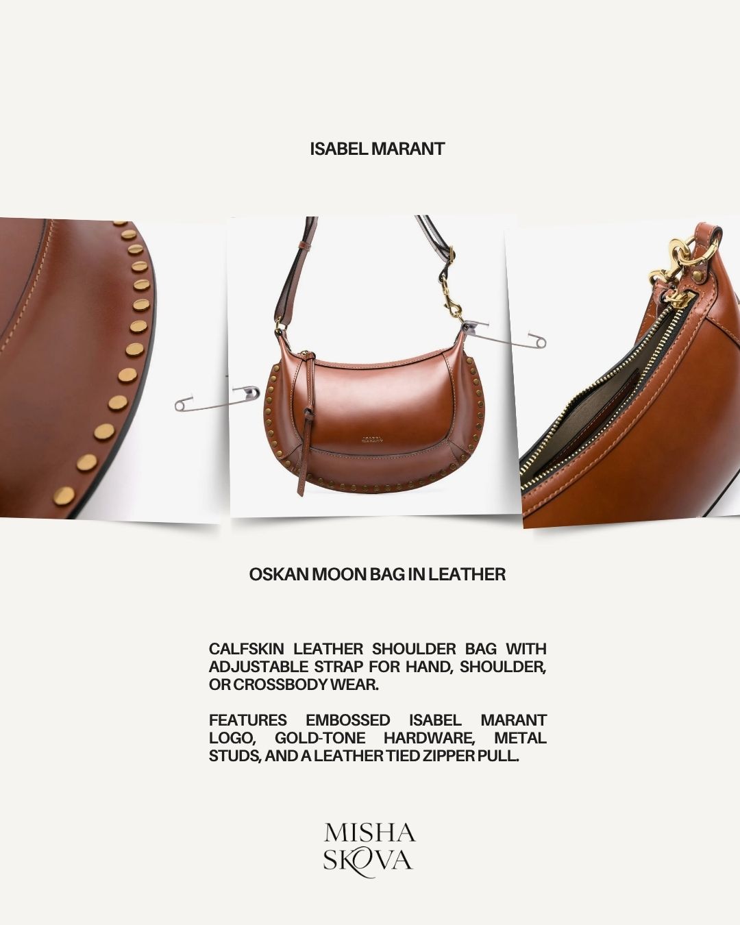 Cognac Isabel Marant Oskan Moon leather shoulder bag with gold-tone studs