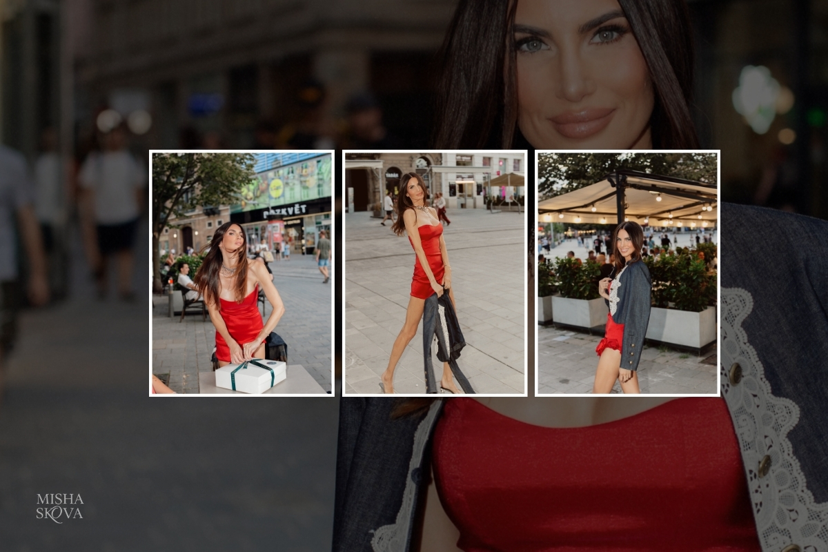 Misha Skova wearing a red Diana Kassabov dress in Brno, Czech Republic