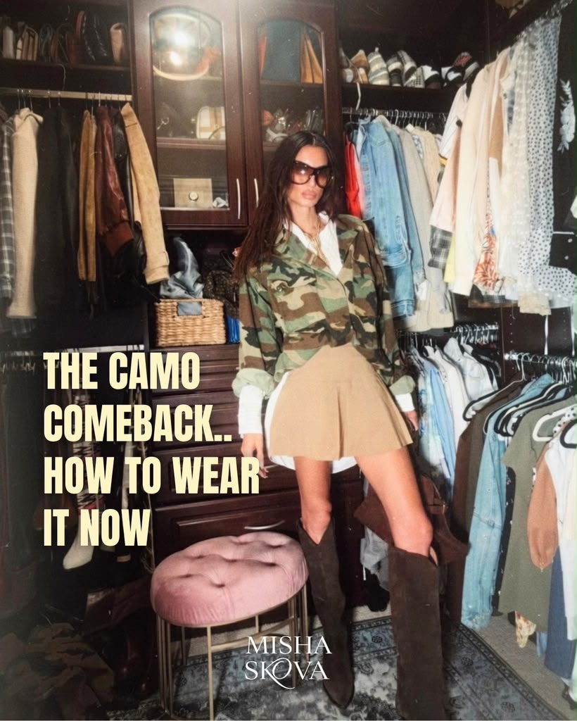 Misha Skova in a vintage military camo jacket with a white poplin shirt, camel mini skirt and suede boots