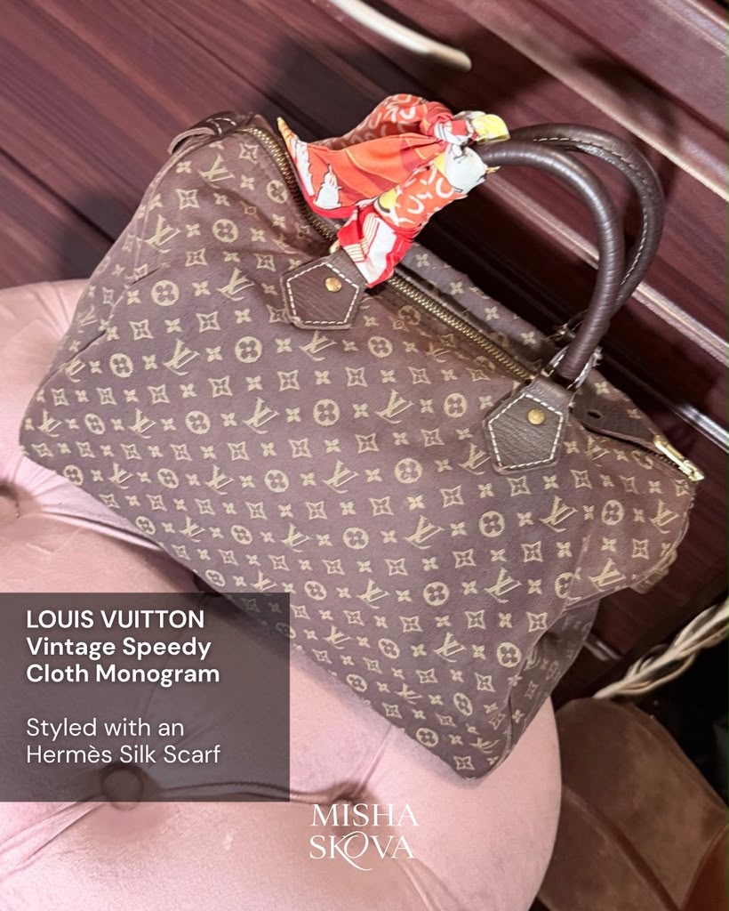 Vintage Louis Vuitton Speedy with an Hermès silk scarf tied on the handle