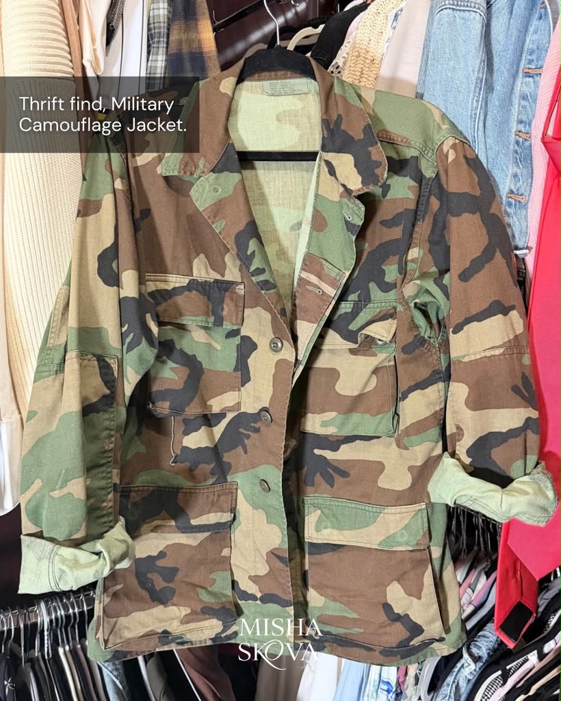 Thrifted vintage military camo jacket styled for fall 2026