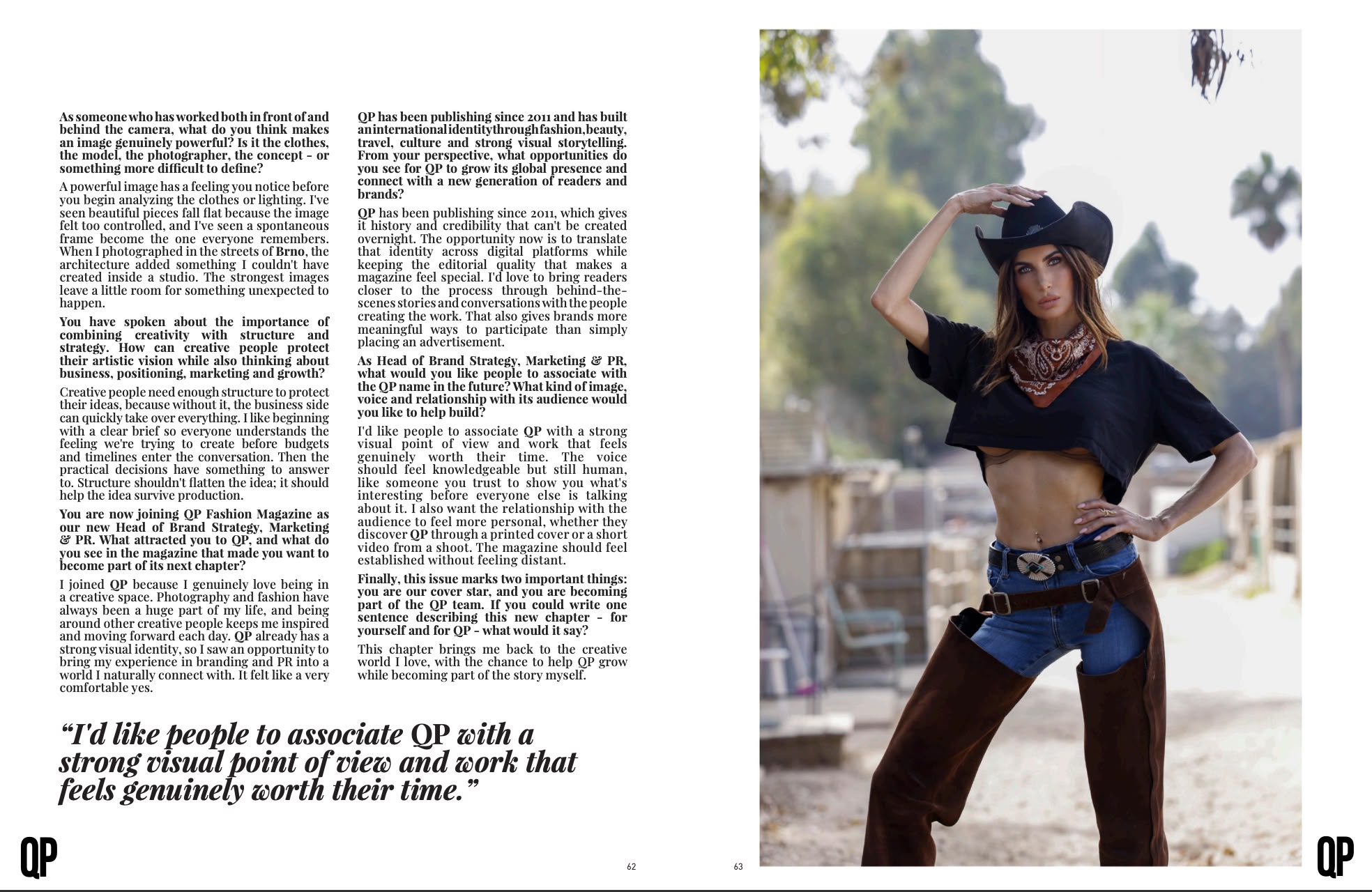Misha Skova wearing a denim look in the QP Fashion editorial